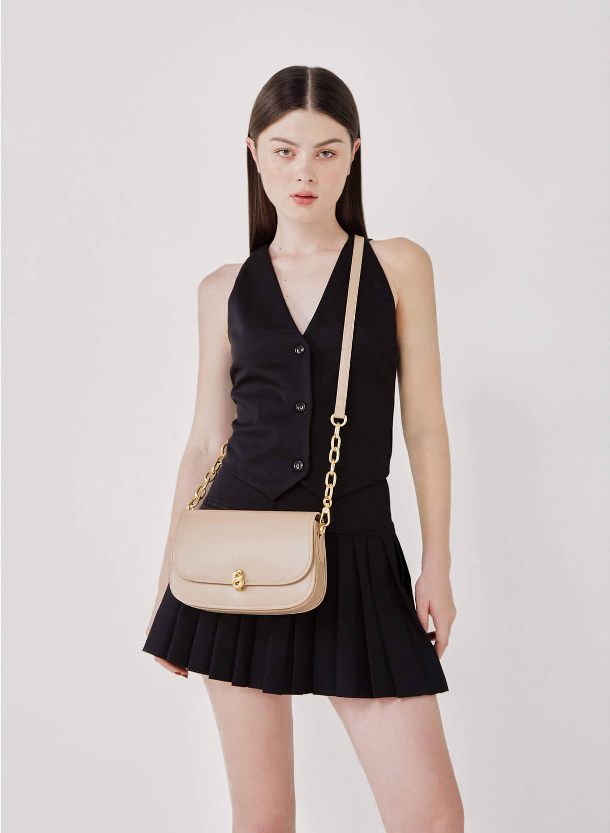 Metal Lock Décor Flap Crossbody Bag - MES 0212 - Beige - vascara.com