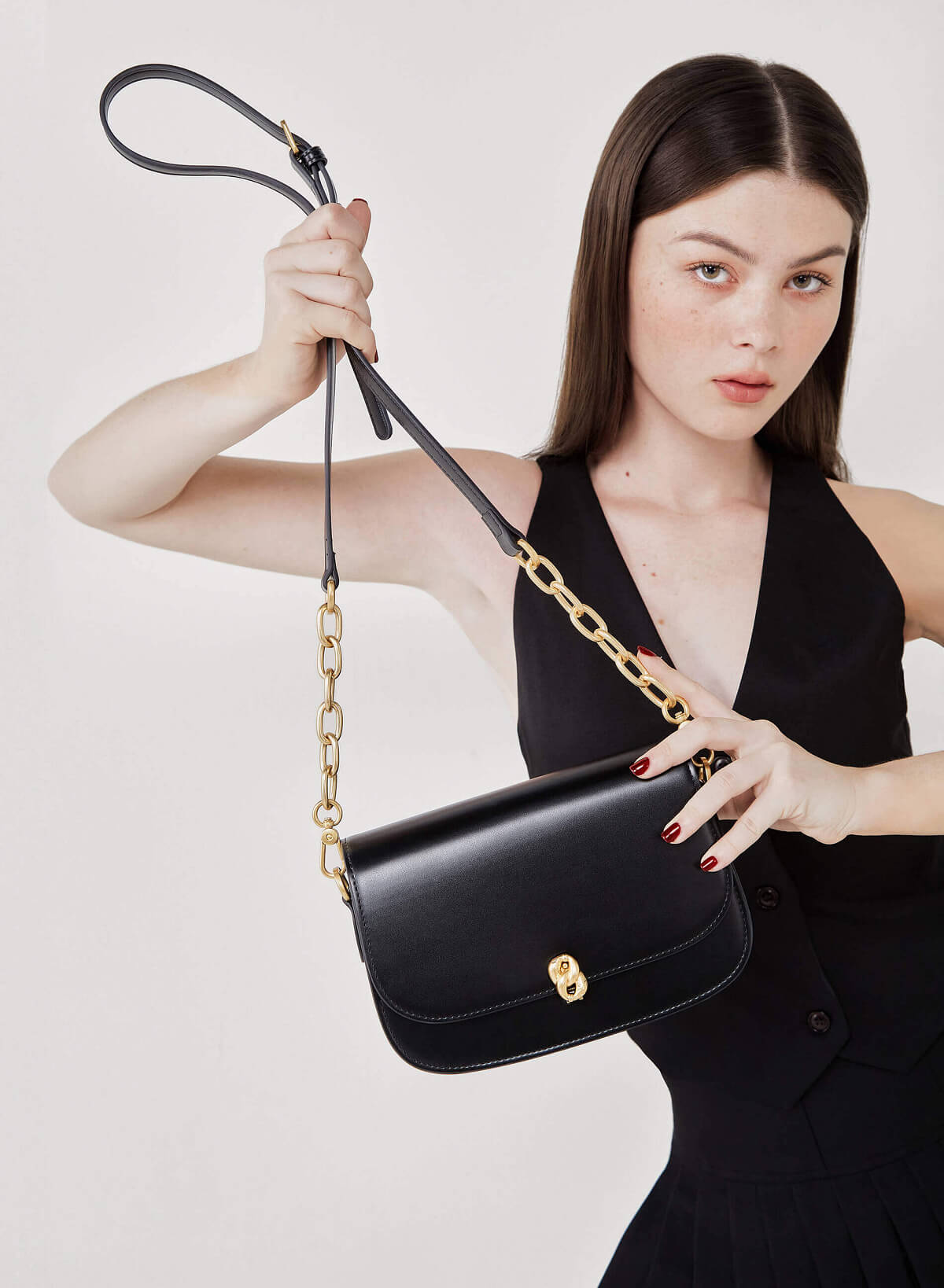 Metal Lock Décor Flap Crossbody Bag - MES 0212 - Black - vascara.com