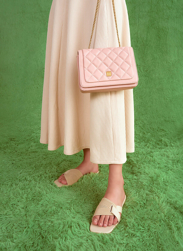 Chain Strap Grid Quilted Crossbody Bag - MES 0203 - Pink