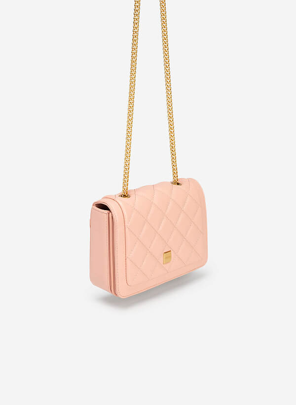 Chain Strap Grid Quilted Crossbody Bag - MES 0203 - Pink - VASCARA