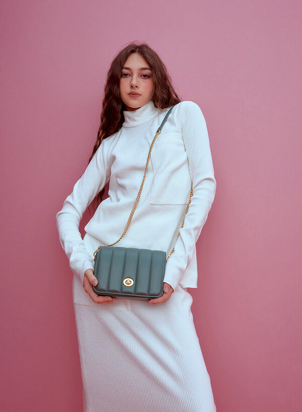 Oval Turn Lock Quilted Flap Crossbody Bag - MES 0205 - Mint - VASCARA
