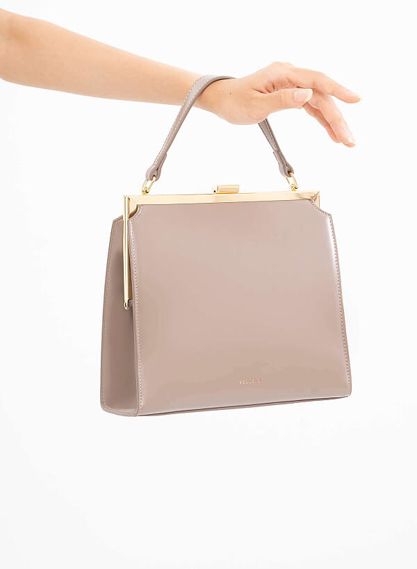 Hinged Frame Metal Clasp Premium Tote Bag - TTE 0083 - Dark beige
