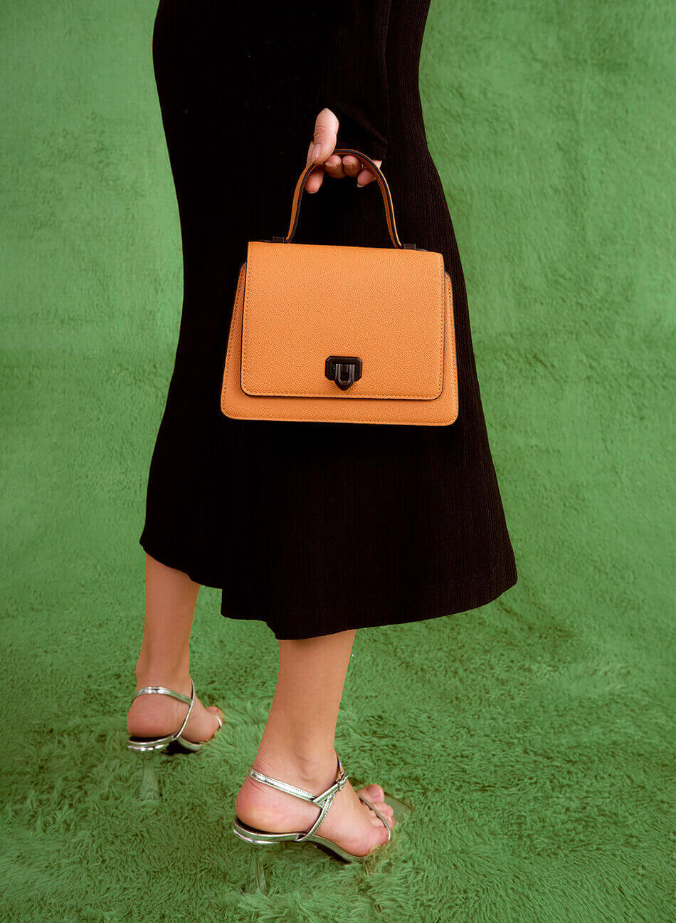 Standing Handle Leather Texture Flap Handbag - SAC 0301 - Light orange - vascara.com