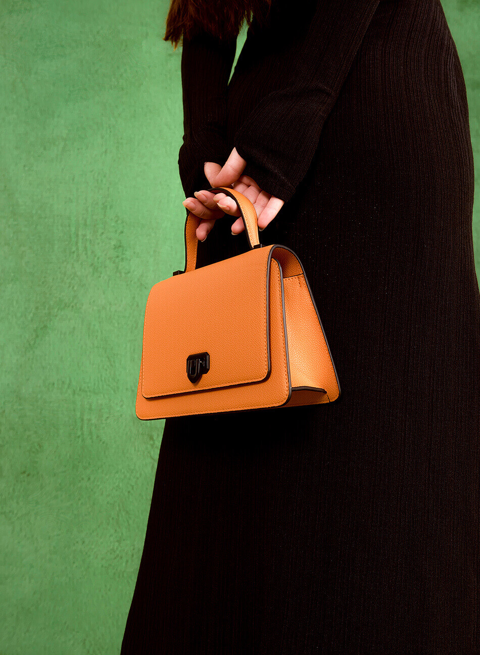 Standing Handle Leather Texture Flap Handbag - SAC 0301 - Light orange - vascara.com