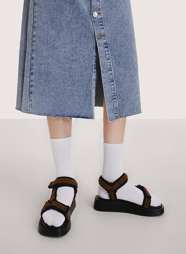 Sandal Đế Bánh Mì Phối Vải Lông - SDK 0329 - Màu Đen