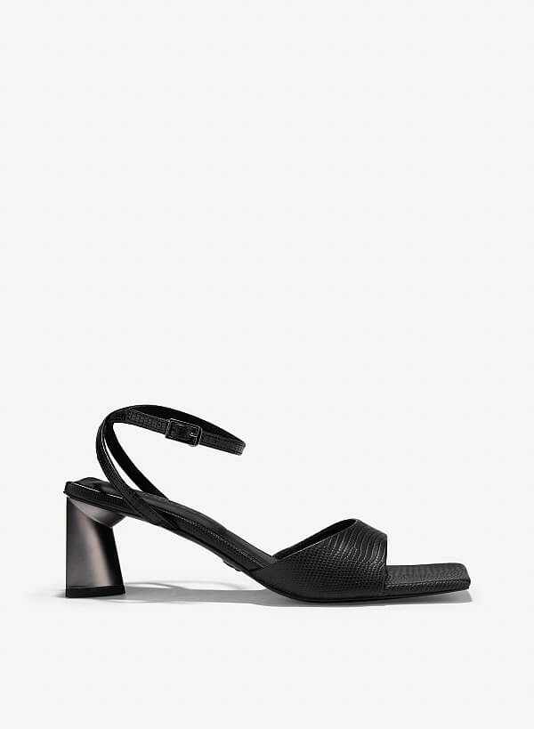 Giày sandal ankle strap nhấn gót hình khối hiệu ứng aluminium - SDN 0778 - Màu đen