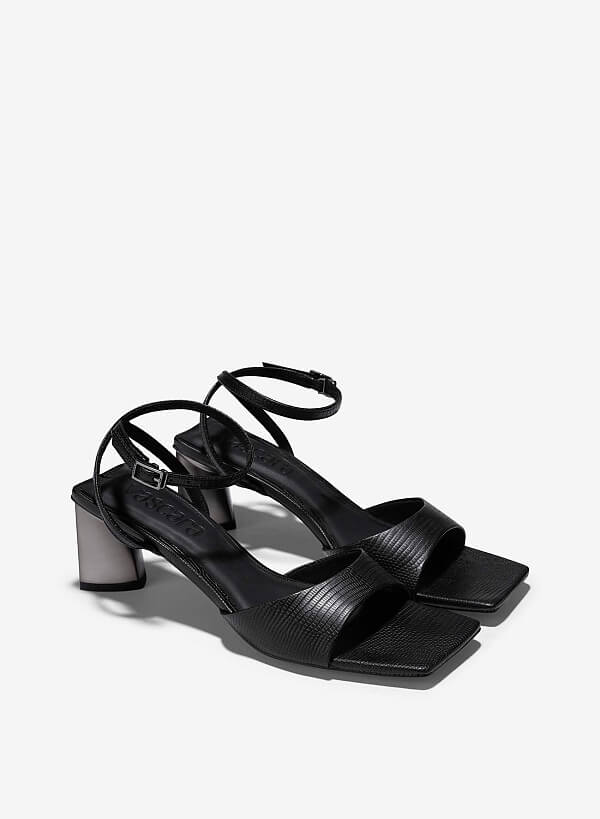 Giày sandal ankle strap nhấn gót hình khối hiệu ứng aluminium - SDN 0778 - Màu đen - VASCARA