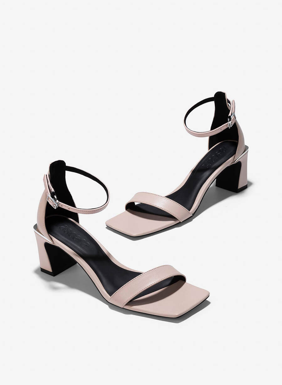 Giày Sandal Block Heel Phối Vân Kỳ Da