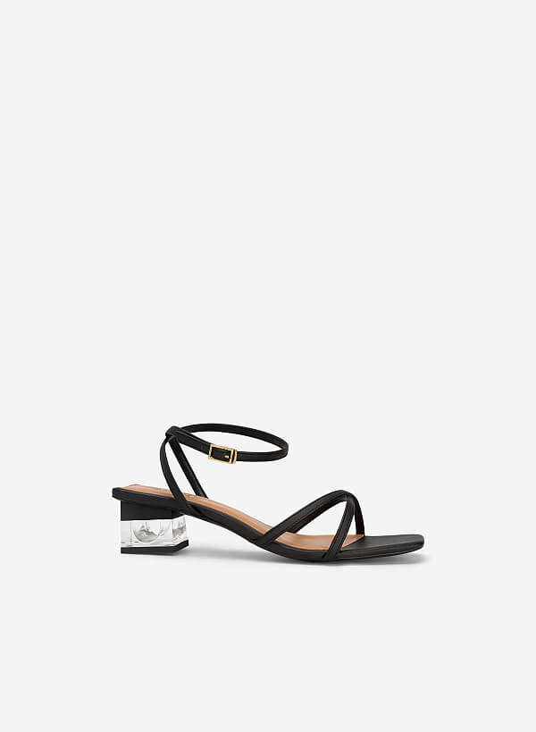 Giày Sandal Ankle Strap Phối Gót Crystal - SDN 0747 - Màu Đen
