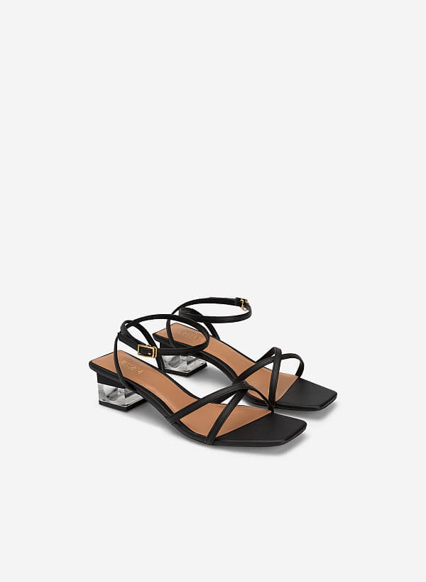 Giày Sandal Ankle Strap Phối Gót Crystal - SDN 0747 - Màu Đen - VASCARA