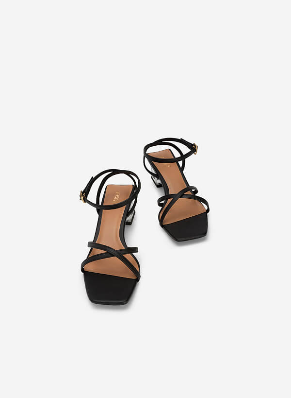 Giày Sandal Ankle Strap Phối Gót Crystal - SDN 0747 - Màu Đen - VASCARA
