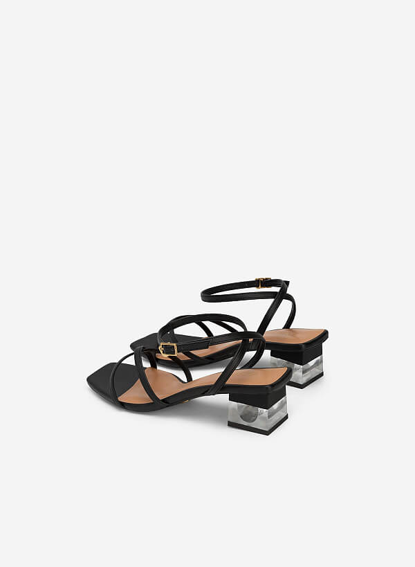 Giày Sandal Ankle Strap Phối Gót Crystal - SDN 0747 - Màu Đen - VASCARA