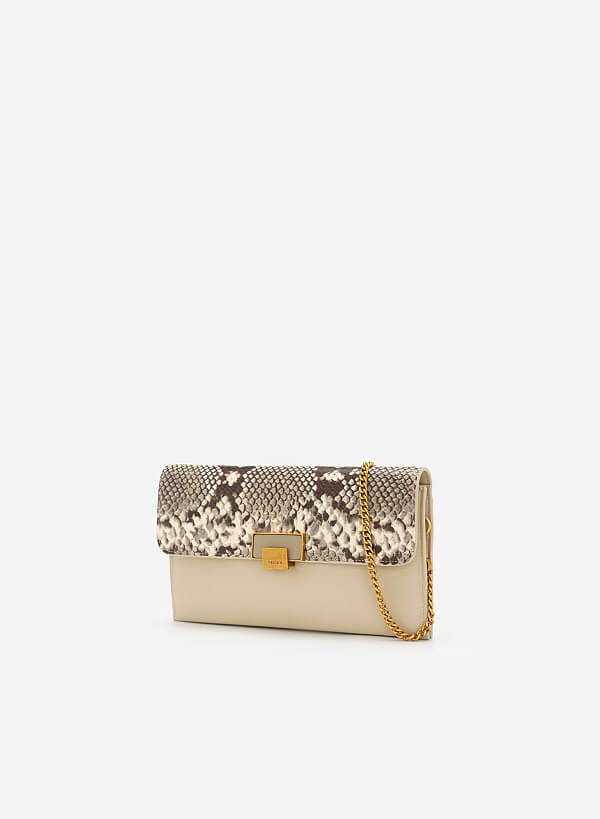 Snake Print Flap Clutch - CLT 0094 - Beige - VASCARA