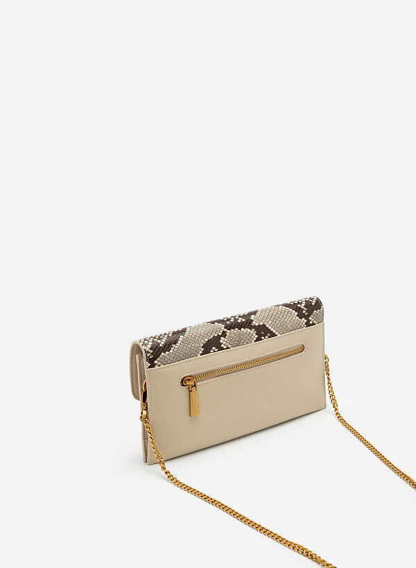 Snake Print Flap Clutch - CLT 0094 - Beige - VASCARA