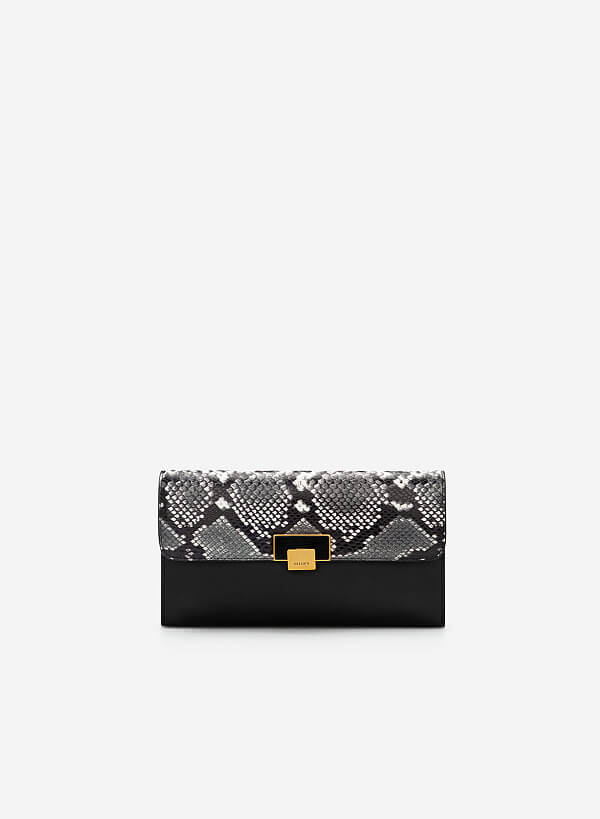 Snake Print Flap Clutch - CLT 0094 - Black
