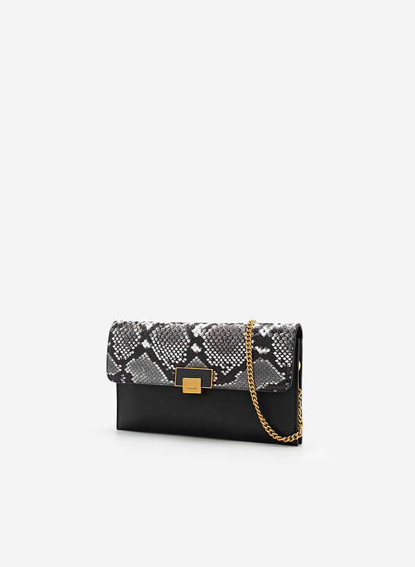 Snake Print Flap Clutch - CLT 0094 - Black - VASCARA