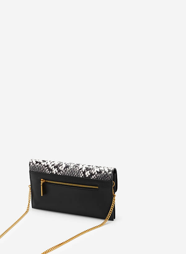 Snake Print Flap Clutch - CLT 0094 - Black - VASCARA