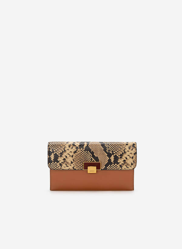 Snake Print Flap Clutch - CLT 0094 - Brown