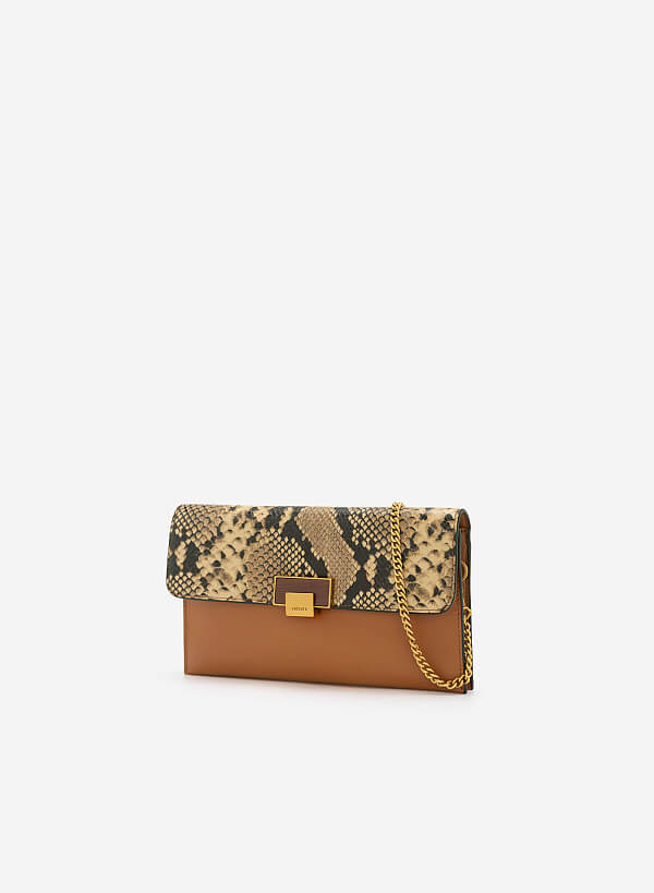 Snake Print Flap Clutch - CLT 0094 - Brown - VASCARA