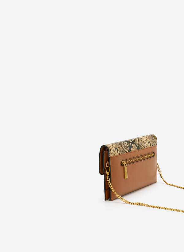 Snake Print Flap Clutch - CLT 0094 - Brown - VASCARA