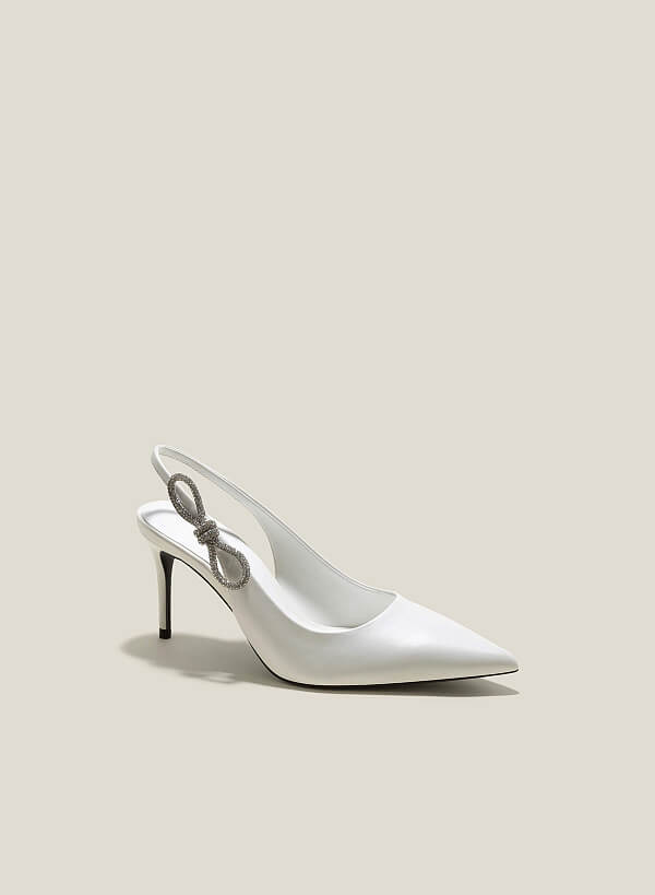 Giày slingback mũi nhọn nhấn nơ crystal - BMN 0596 - Màu trắng