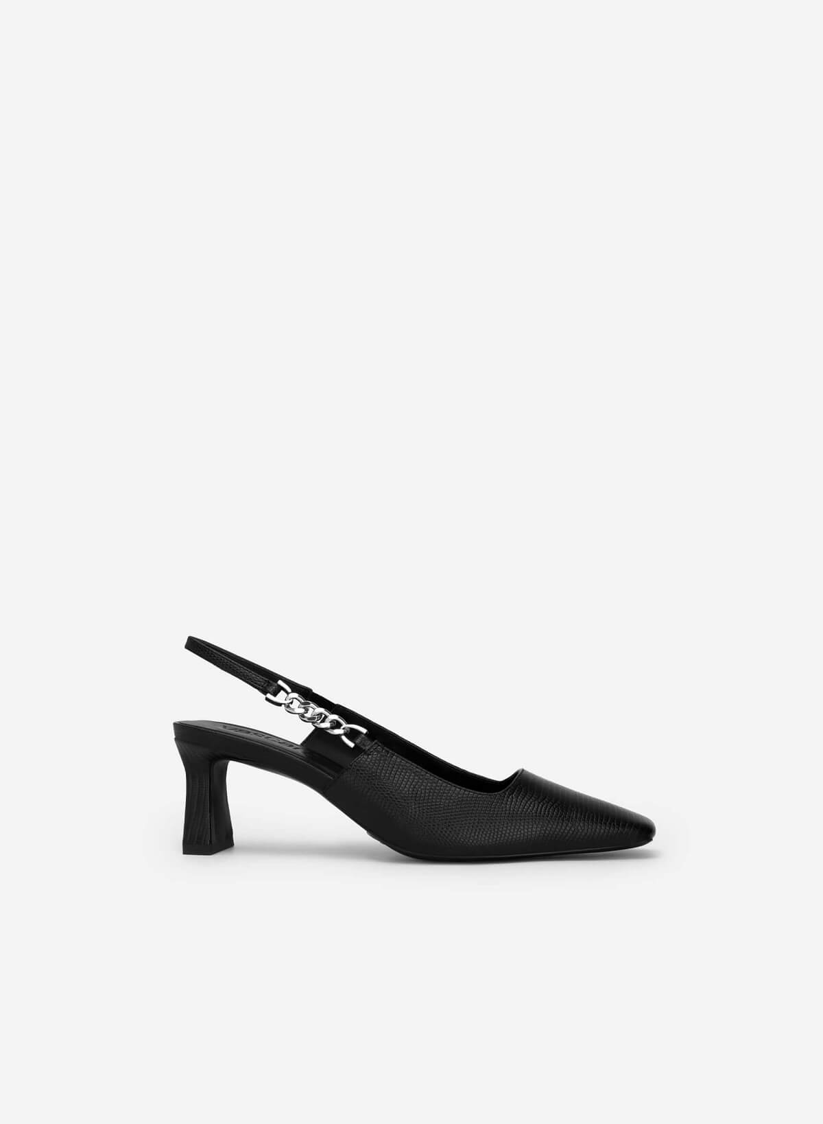 Lizard-effect Chain Link Décor Slingbacks - HIG 0564 - Black - vascara.com