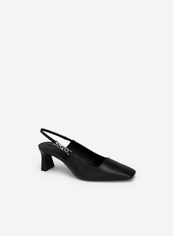 Lizard-effect Chain Link Décor Slingbacks - HIG 0564 - Black - VASCARA