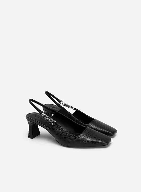 Lizard-effect Chain Link Décor Slingbacks - HIG 0564 - Black - VASCARA