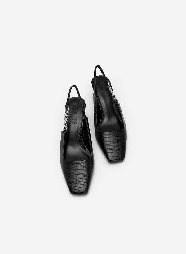 Lizard-effect Chain Link Décor Slingbacks - HIG 0564 - Black - VASCARA