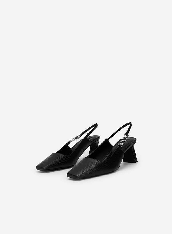 Lizard-effect Chain Link Décor Slingbacks - HIG 0564 - Black - VASCARA