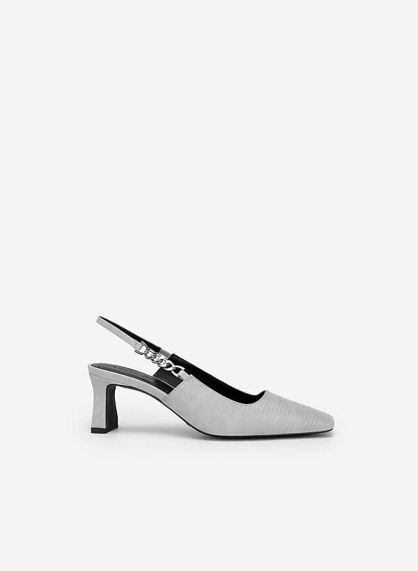 Lizard-effect Chain Link Décor Slingbacks - HIG 0564 - Gray
