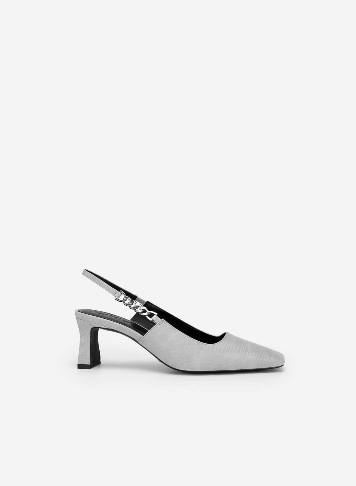 Lizard-effect Chain Link Décor Slingbacks - HIG 0564 - Gray - vascara.com