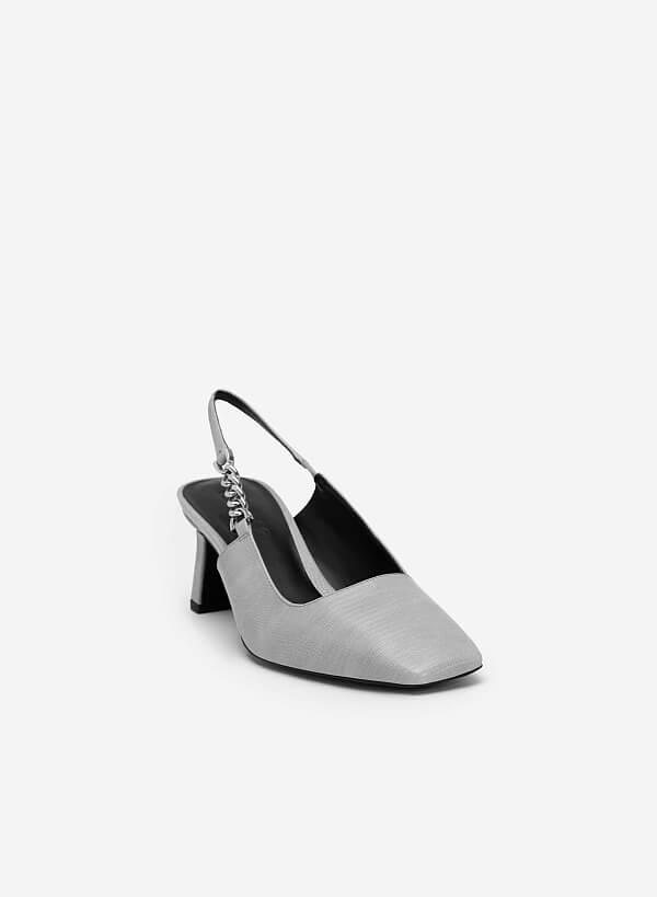 Lizard-effect Chain Link Décor Slingbacks - HIG 0564 - Gray - VASCARA