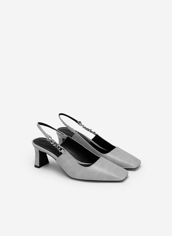 Lizard-effect Chain Link Décor Slingbacks - HIG 0564 - Gray - VASCARA