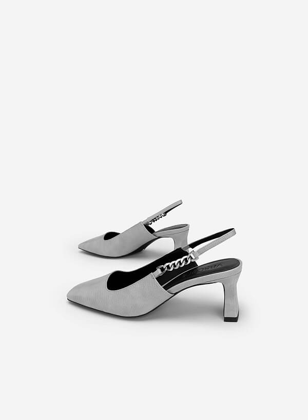 Lizard-effect Chain Link Décor Slingbacks - HIG 0564 - Gray - VASCARA