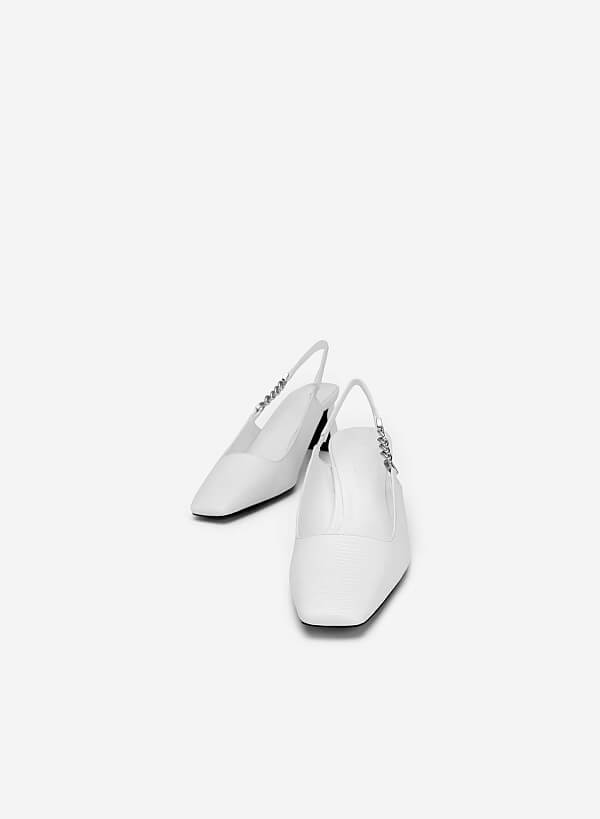 Lizard-effect Chain Link Décor Slingbacks - HIG 0564 - White - VASCARA