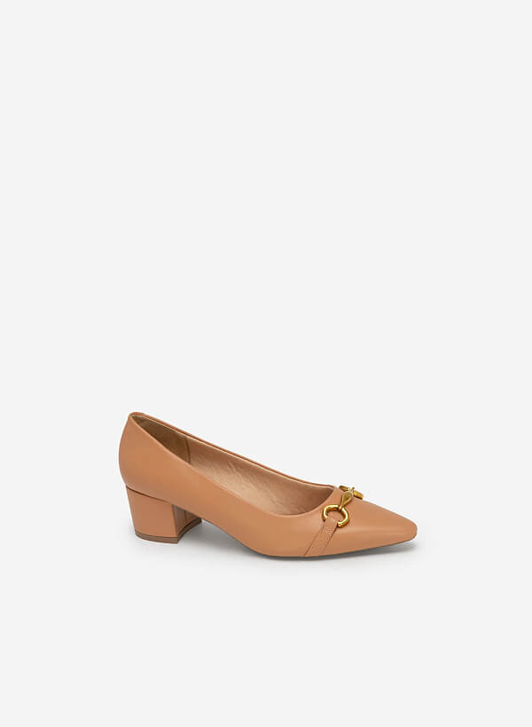Gold Lock Décor Pointed Toe Pumps - HIG 0552 - Beige