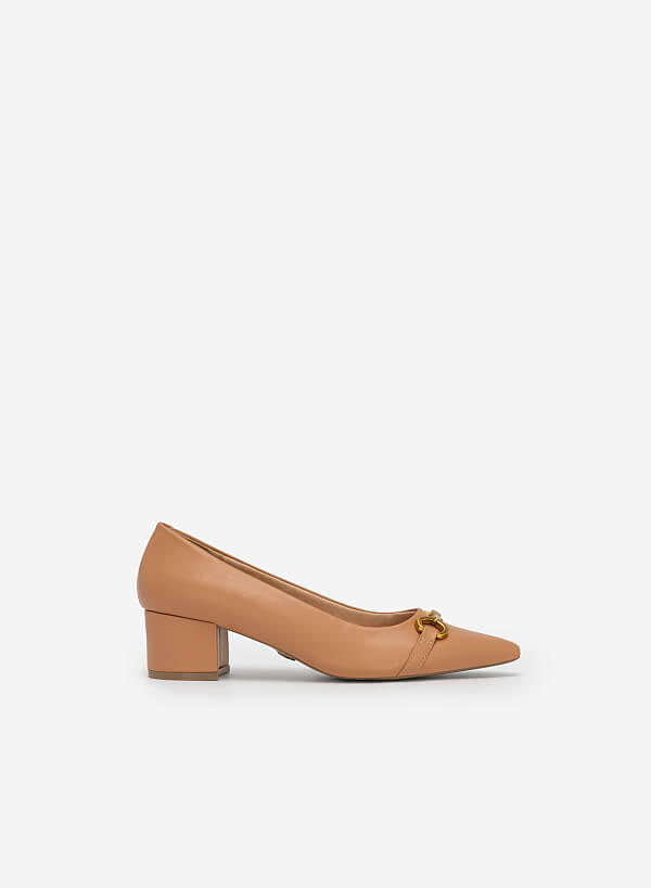 Gold Lock Décor Pointed Toe Pumps - HIG 0552 - Beige - VASCARA