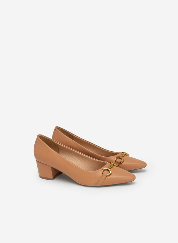Gold Lock Décor Pointed Toe Pumps - HIG 0552 - Beige - VASCARA