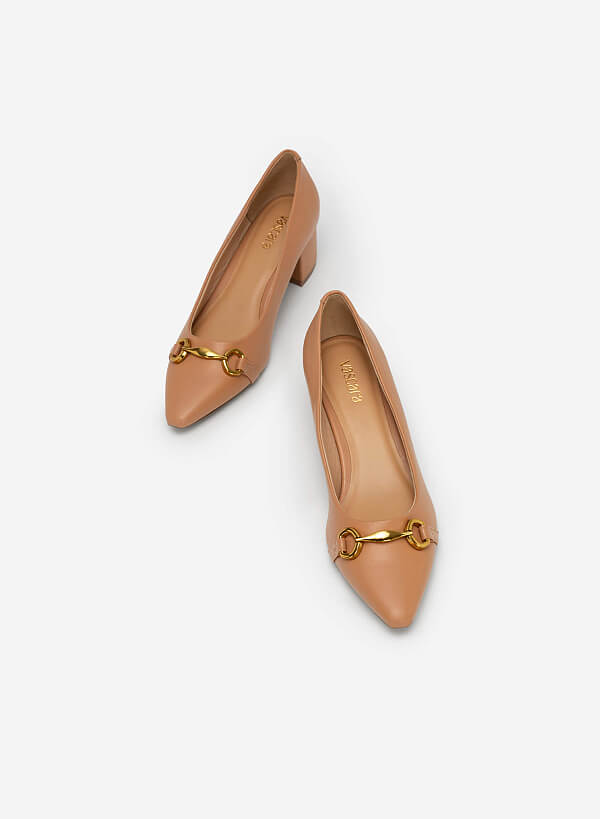 Gold Lock Décor Pointed Toe Pumps - HIG 0552 - Beige - VASCARA