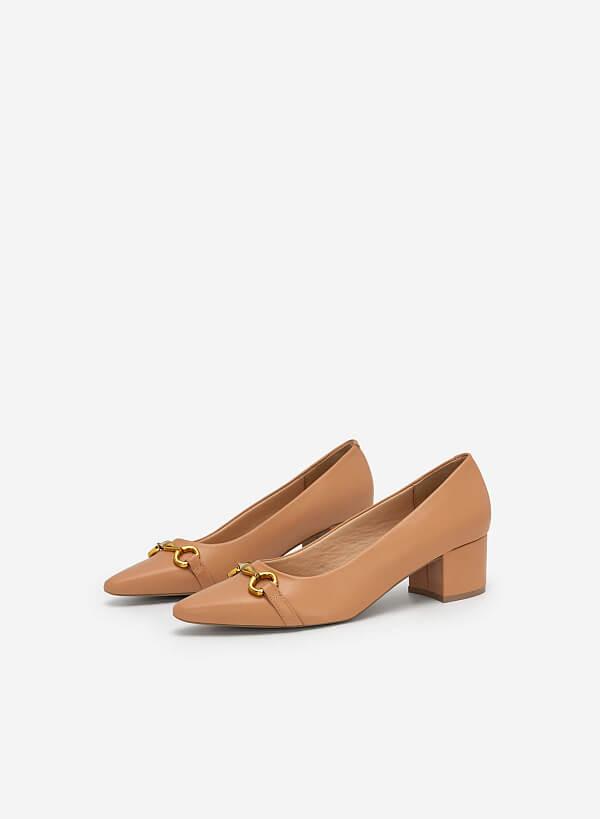 Gold Lock Décor Pointed Toe Pumps - HIG 0552 - Beige - VASCARA