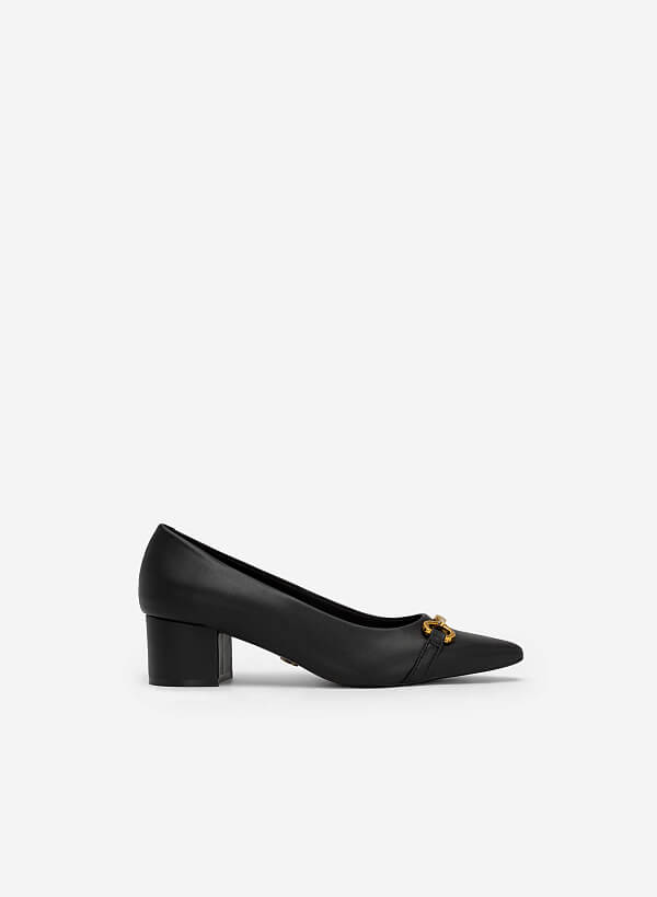 Gold Lock Décor Pointed Toe Pumps - HIG 0552 - Black - VASCARA