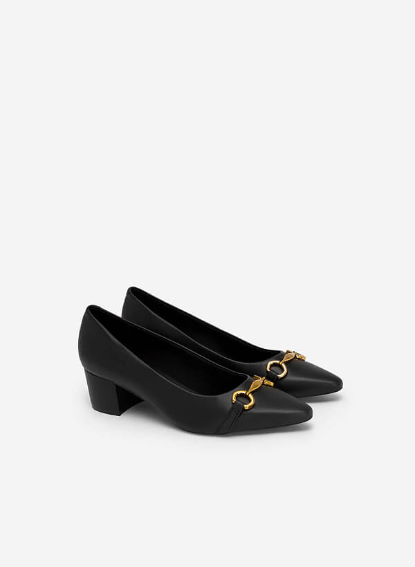 Gold Lock Décor Pointed Toe Pumps - HIG 0552 - Black - VASCARA