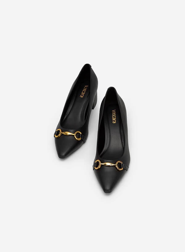 Gold Lock Décor Pointed Toe Pumps - HIG 0552 - Black - VASCARA