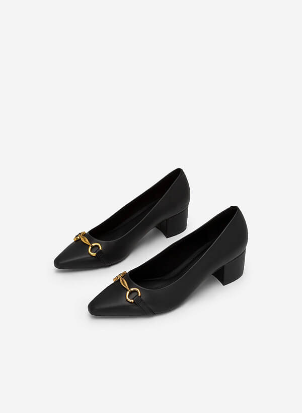 Gold Lock Décor Pointed Toe Pumps - HIG 0552 - Black - VASCARA