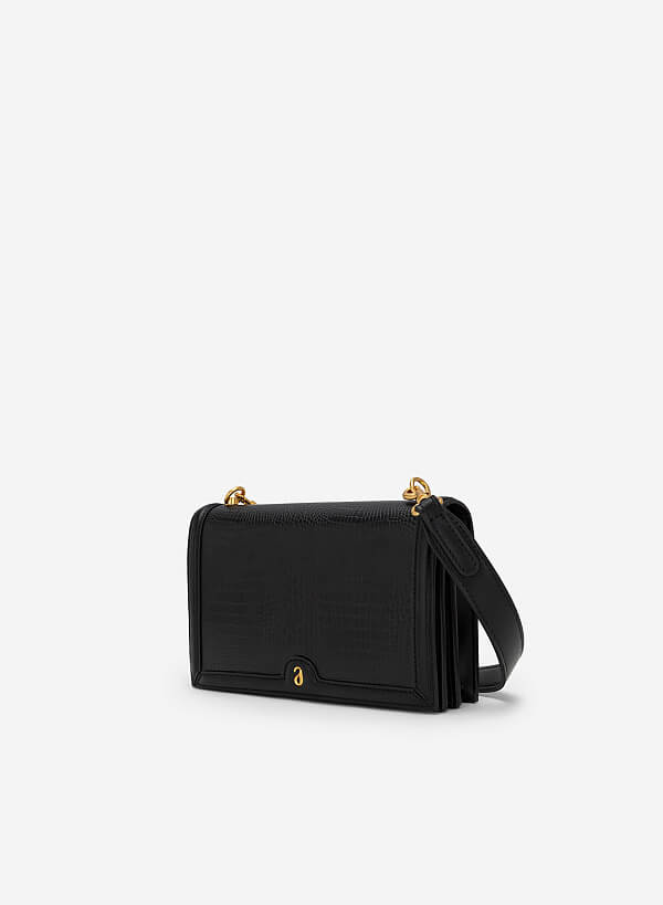 Lizard-effect Flap Crossbody Bag - MES 0209 - Black - VASCARA