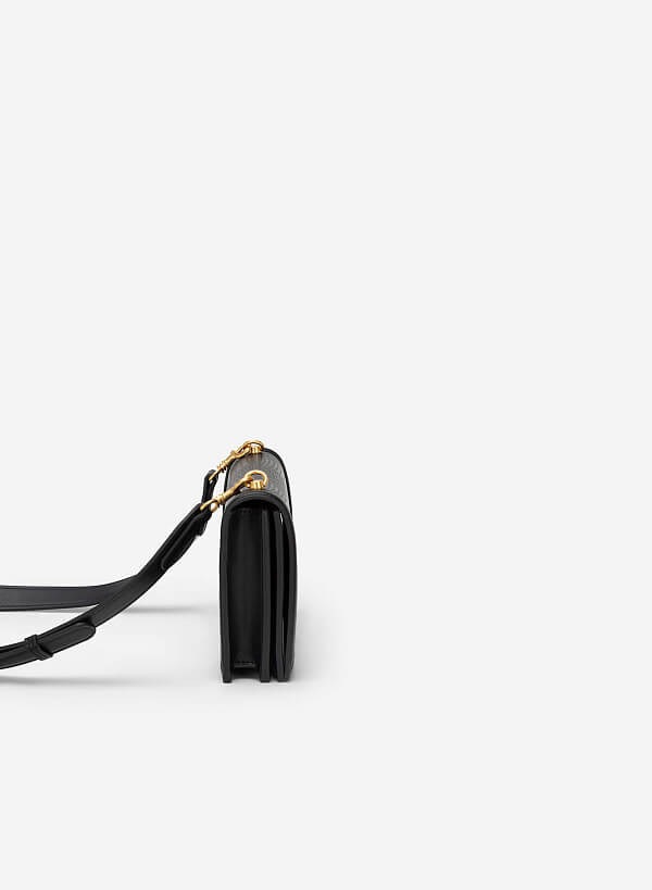 Lizard-effect Flap Crossbody Bag - MES 0209 - Black - VASCARA