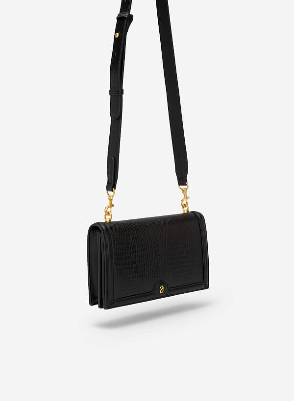 Lizard-effect Flap Crossbody Bag - MES 0209 - Black - VASCARA