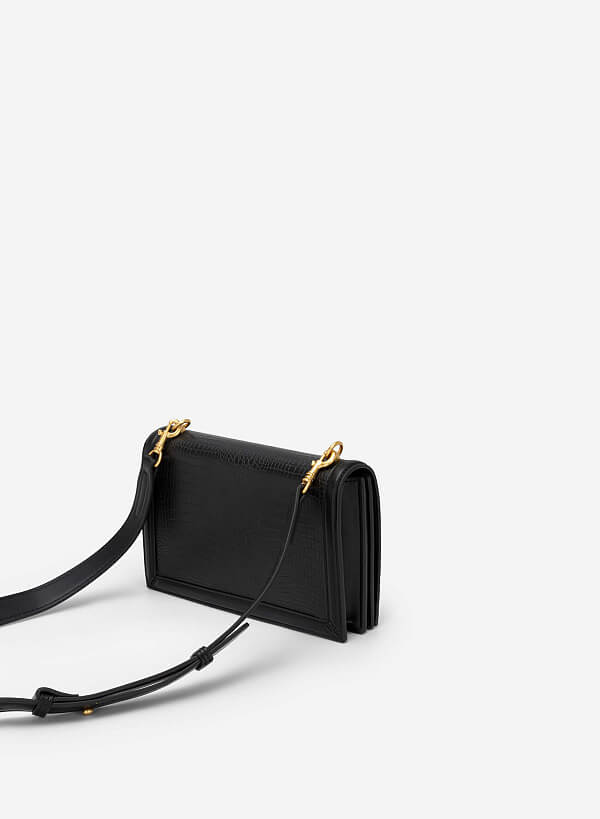 Lizard-effect Flap Crossbody Bag - MES 0209 - Black - VASCARA