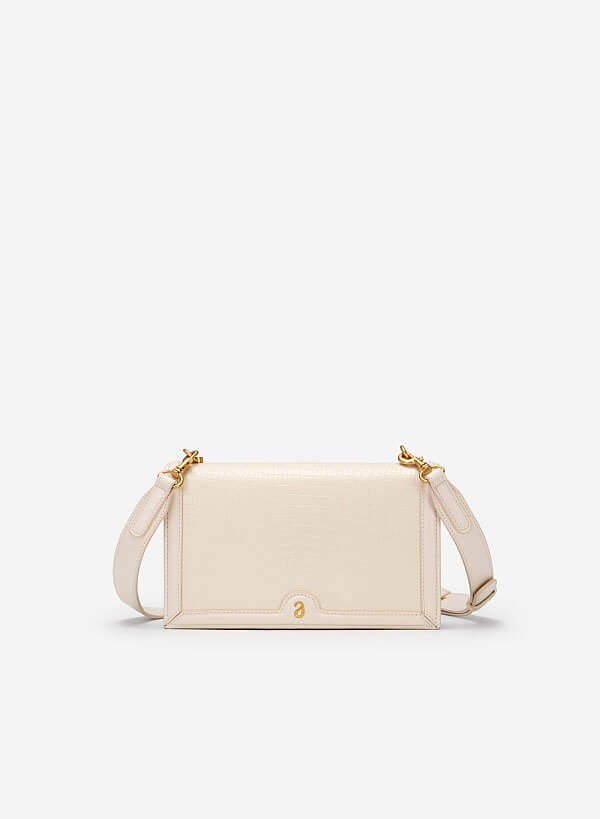 Lizard-effect Flap Crossbody Bag - MES 0209 - Cream